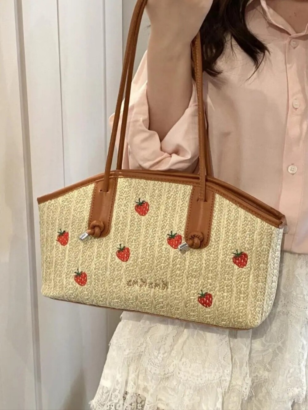 Strawberry Print Tote in Brown & Cream Like New